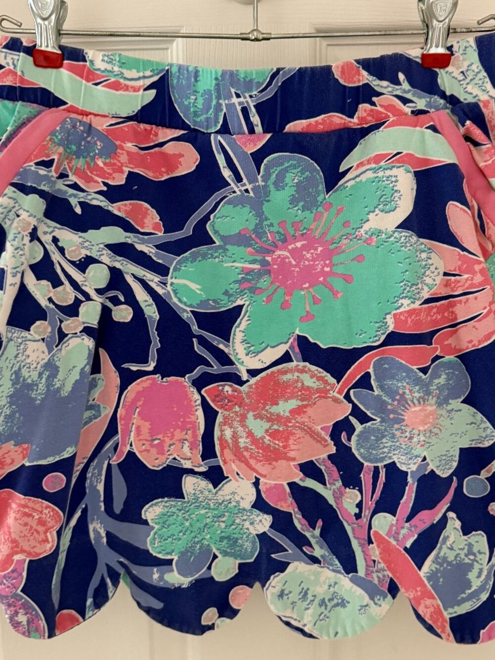 AnaClare Floral Coral Pink Blue Skort Womens Large Cotton Scallop Hem Pockets